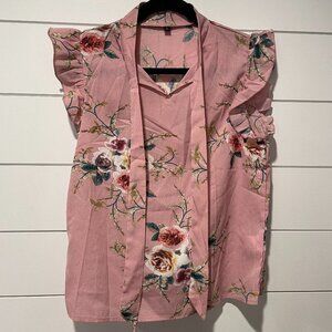 Pink Floral Blouse with neck tie
